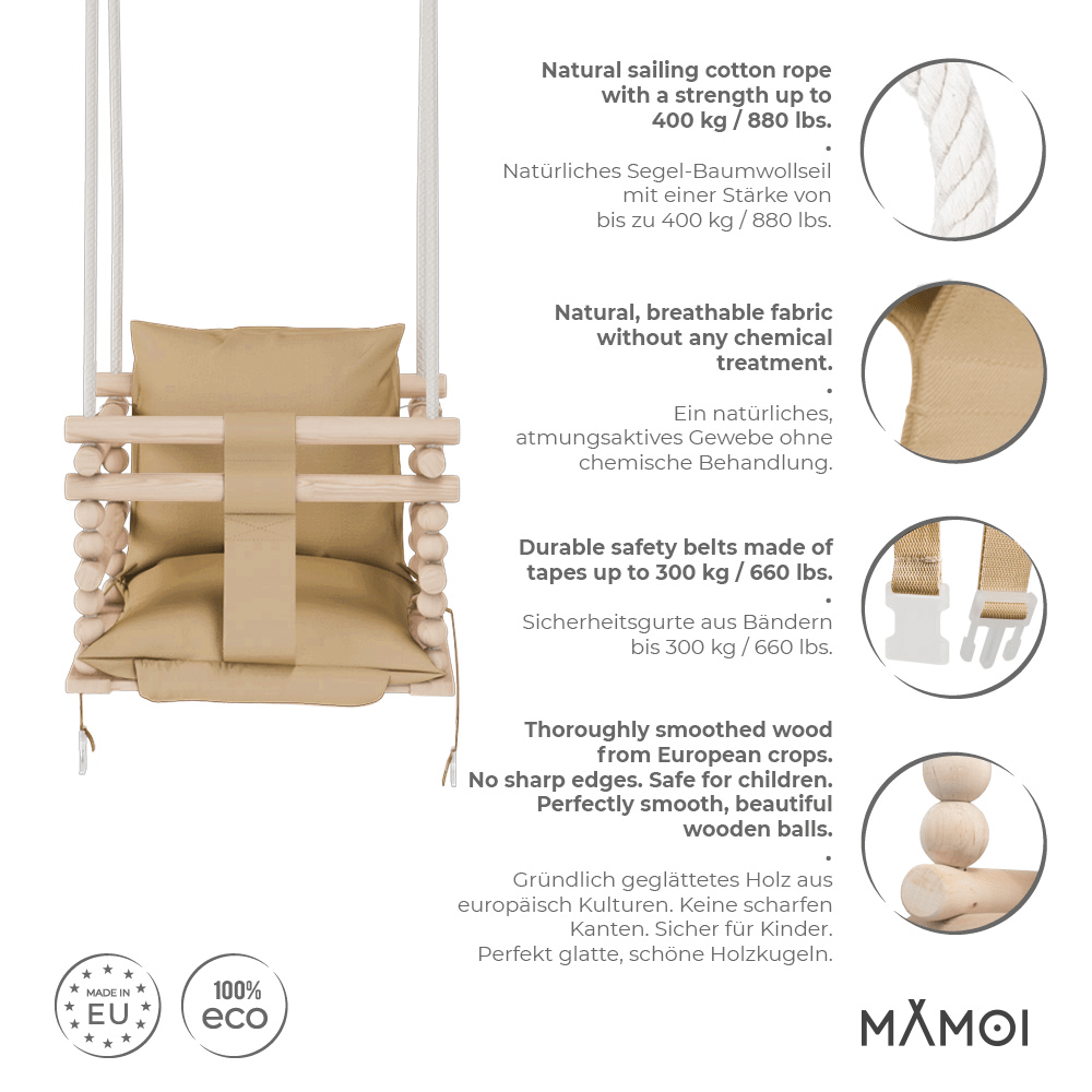 MAMOI Baby swing, Child swing, Swing for children Swing 3 in 1 + SAFETY Belt, Baby swing, Baby swing and swing seat, Children's swing Wood Indoor Outdoor-2
