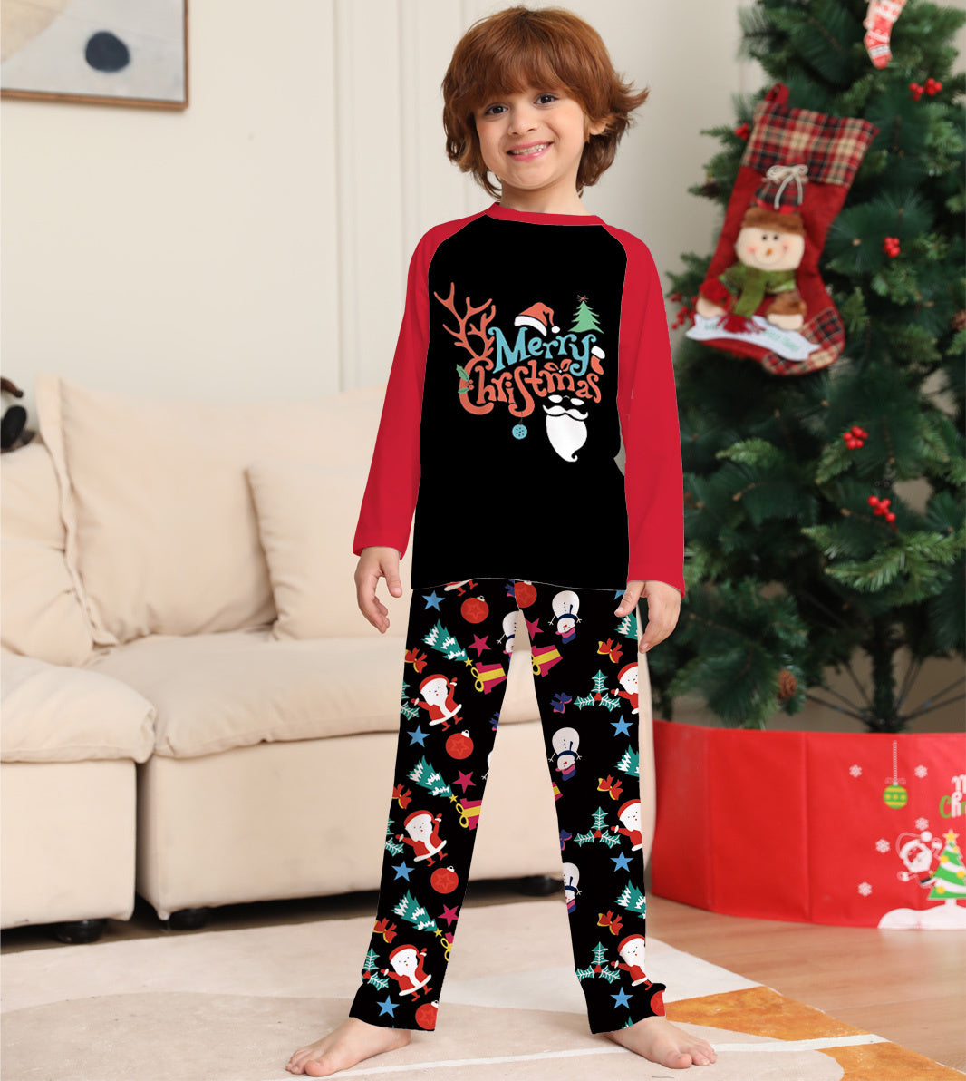 Cartoon Printed Round Neck Long Sleeve Holiday Pajamas Family