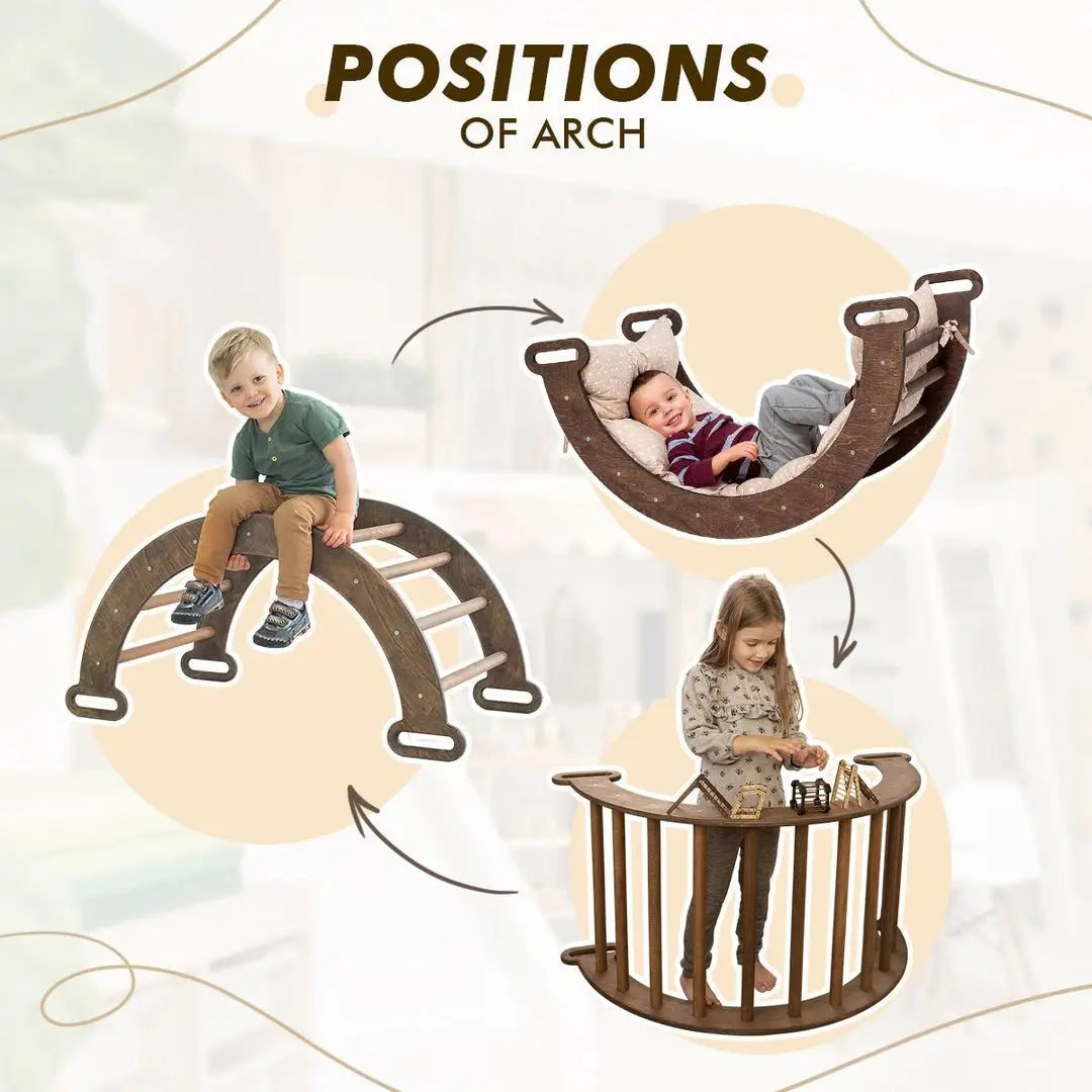 3in1 Montessori Climbing Set: Climbing Arch + Slide Board + Cushion – Chocolate