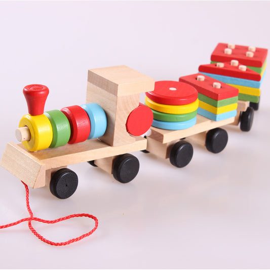 Wooden Train 3-Section Tractor Puzzle Toy – Montessori Educational Blocks for Toddlers