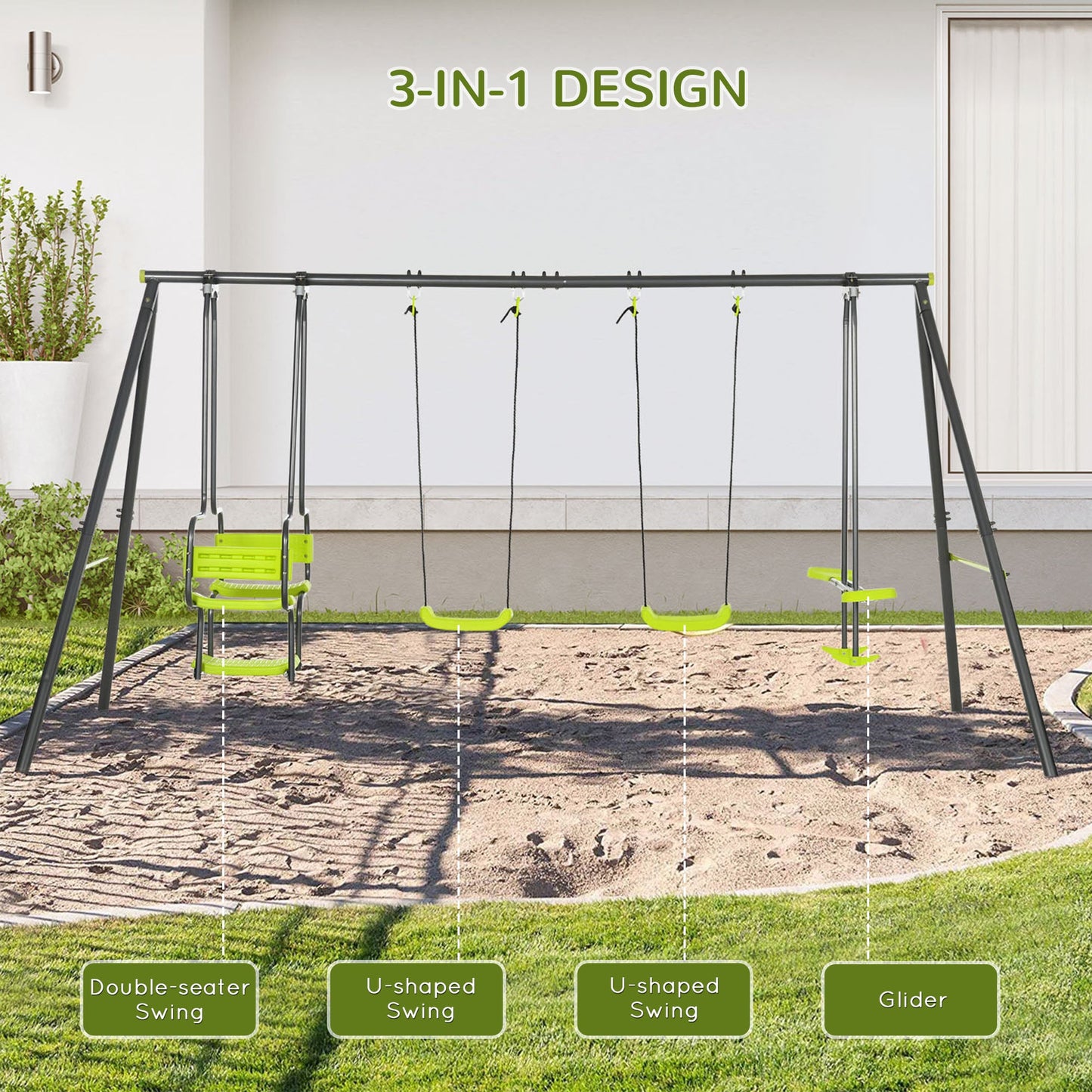 Metal Garden Swing Set with Double Swings and Glider Seats Green-3