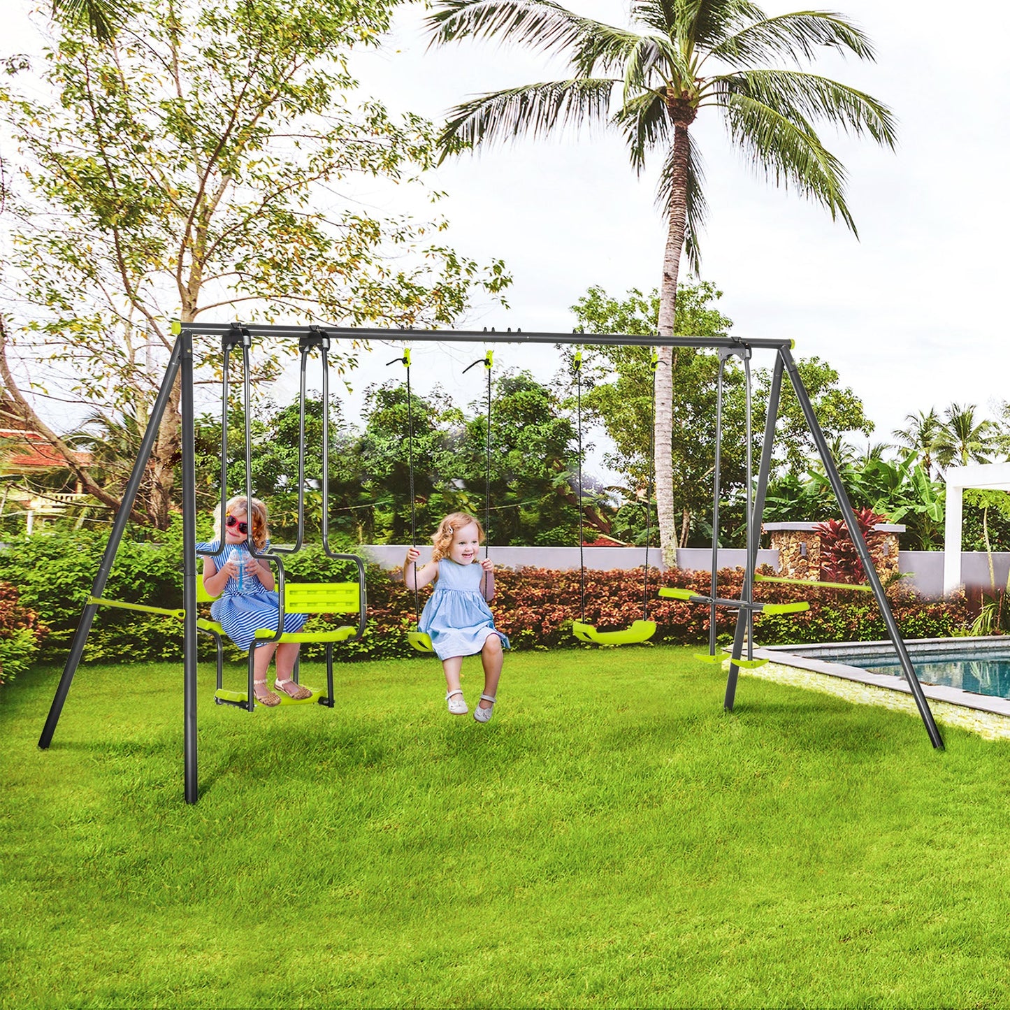Metal Garden Swing Set with Double Swings and Glider Seats Green-1