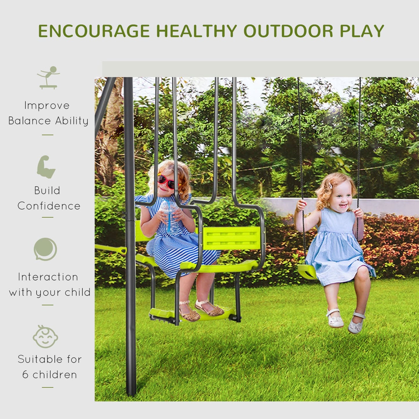 Metal Garden Swing Set with Double Swings and Glider Seats Green-4