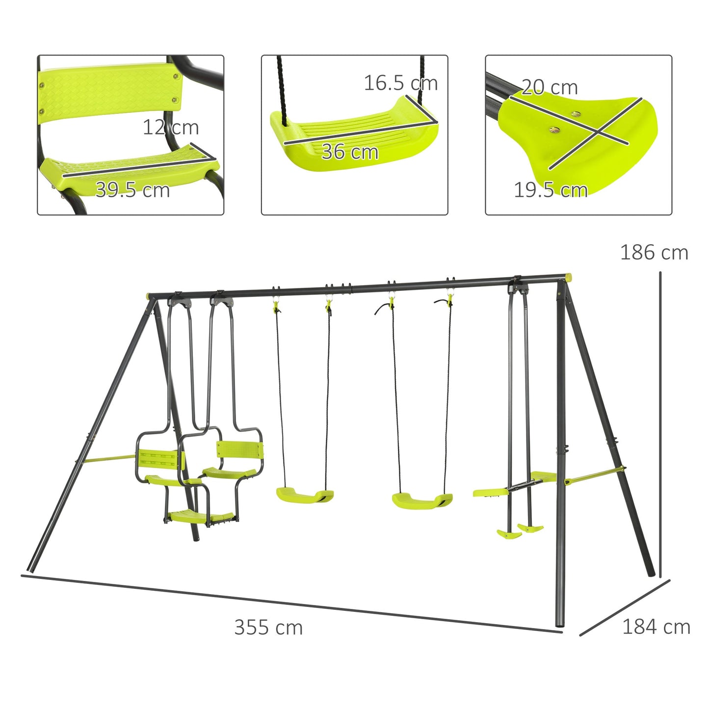 Metal Garden Swing Set with Double Swings and Glider Seats Green-2