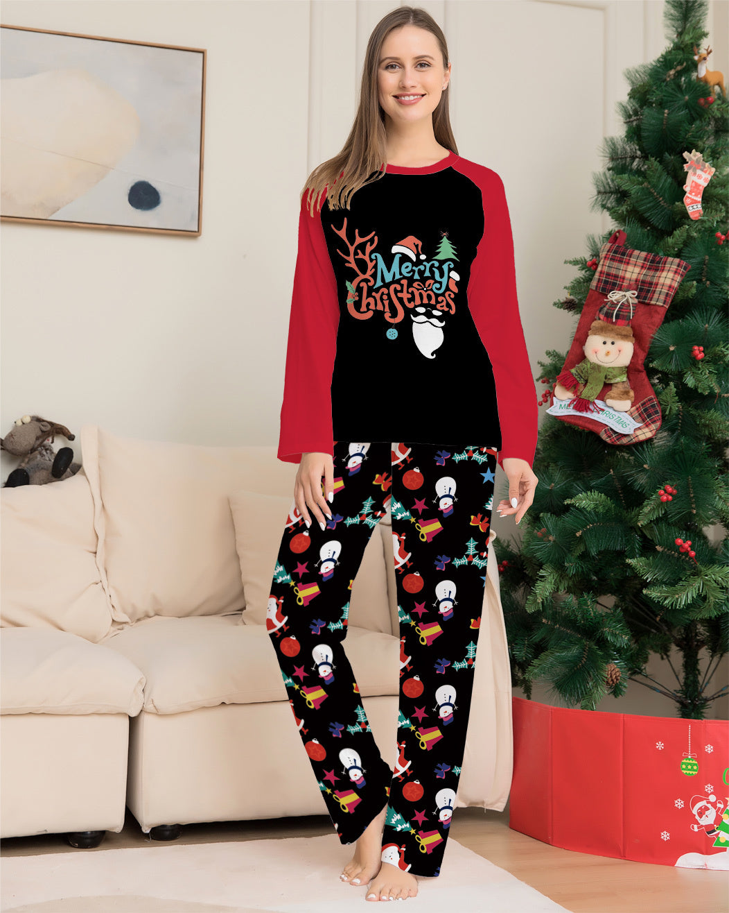 Cartoon Printed Round Neck Long Sleeve Holiday Pajamas Family