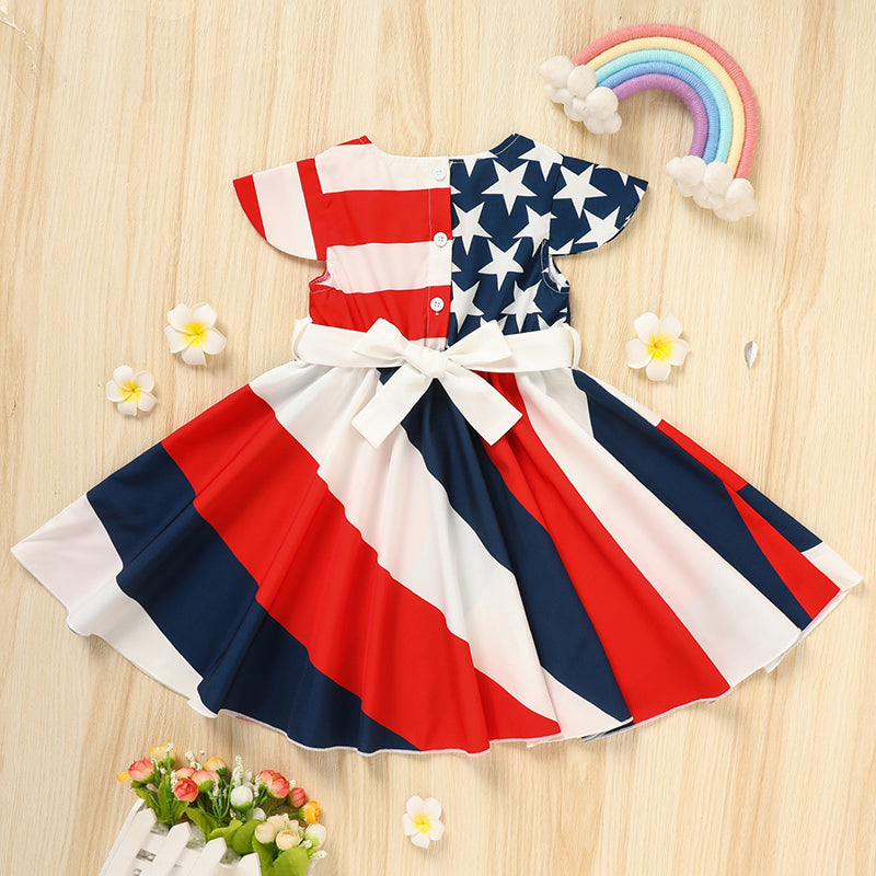 Toddler Girls' Independence Day Dress Red White & Blue Stripes And Stars Short Sleeve Twirl Dress 4th Of July