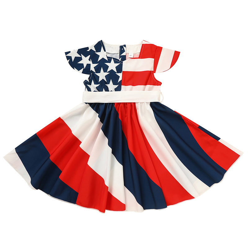 Toddler Girls' Independence Day Dress Red White & Blue Stripes And Stars Short Sleeve Twirl Dress 4th Of July