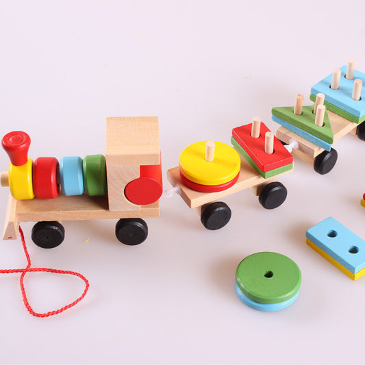 Wooden Train 3-Section Tractor Puzzle Toy – Montessori Educational Blocks for Toddlers