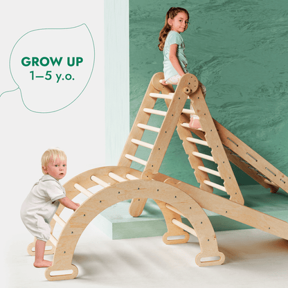 4in1 Montessori Climbing Set: Triangle Ladder + Climbing Arch + Slide Board + Net – Beige
