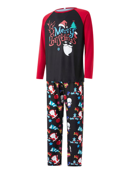 Christmas-themed pajama set with red sleeves and black pants featuring Santa Claus and trees on a white background.