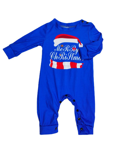 Blue baby romper with 'Merry Christmas' print on a white background